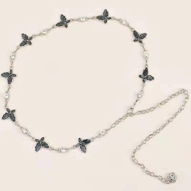 Damen Glänzender Strass Schmetterling Metallketten Lang Verstellbar Schlanker Körper Dünne Taille Kette Kleid Mantel Dekorative Riemen Accessoires