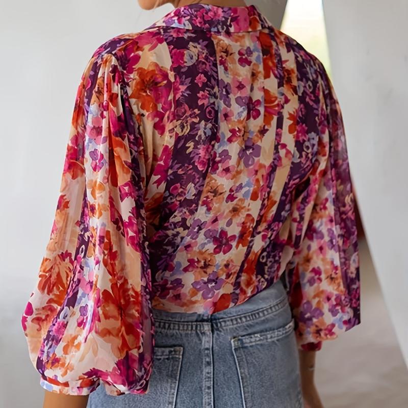 2025 Autumn New Style, Single Row Multi Button Shirt, Women's, European and American, Thin Style, Casual Style, Floral Print, Long Sleeved Top