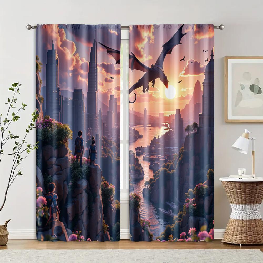 

Set Of 2 Filtering Curtains Excluding Rods Non Movable Without Batteries Soaring Dragon Use Bedrooms Living Rooms Curtain Polyester Ideal For Sitting W100*H70(CM)-Grommet top&1PCS