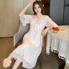 Linglei Summer Solid Color Lace Bow Mesh Court Princess Style Long Nightdress Pajamas Loungewear Women