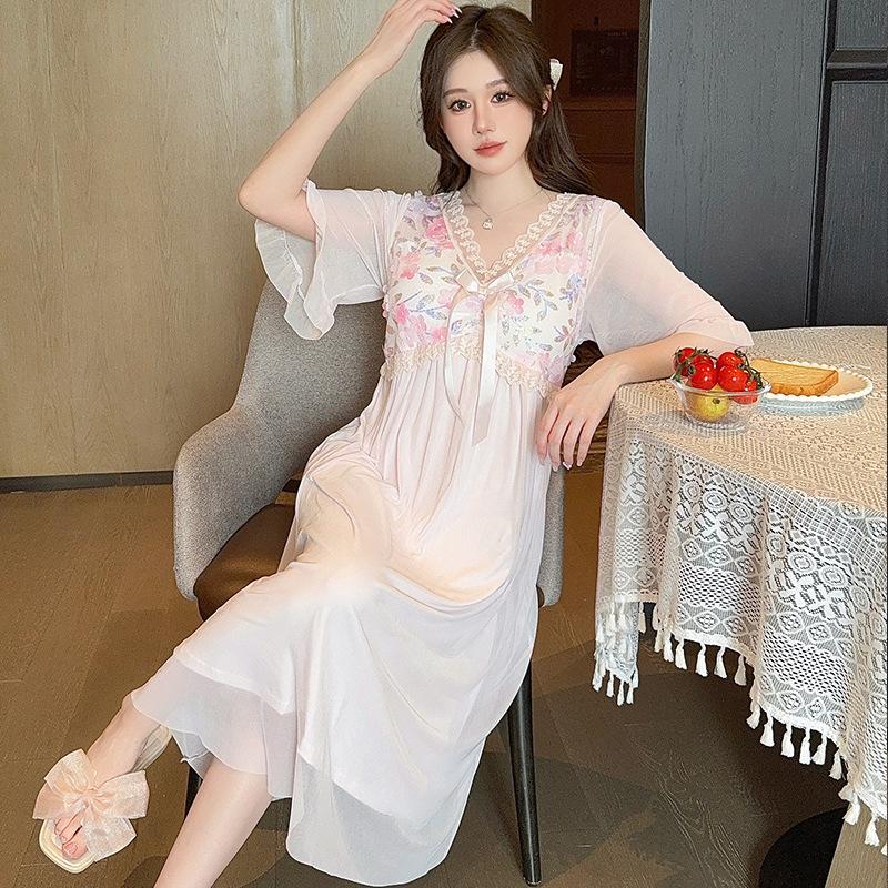 Linglei Summer Solid Color Lace Bow Mesh Court Princess Style Long Nightdress Pajamas Loungewear Women