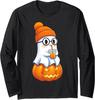 Ghost with Bubble Tea Pumpkin Halloween Vibes Long Sleeve T-Shirt