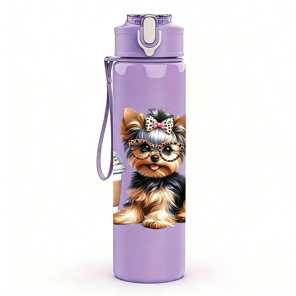 1PC Cute Coffee Puppy Dog Pattern 750ml Color Plastic Sports Water Bottle Leakproof Flip Straw Lid Suitable for Sports Office Home Use