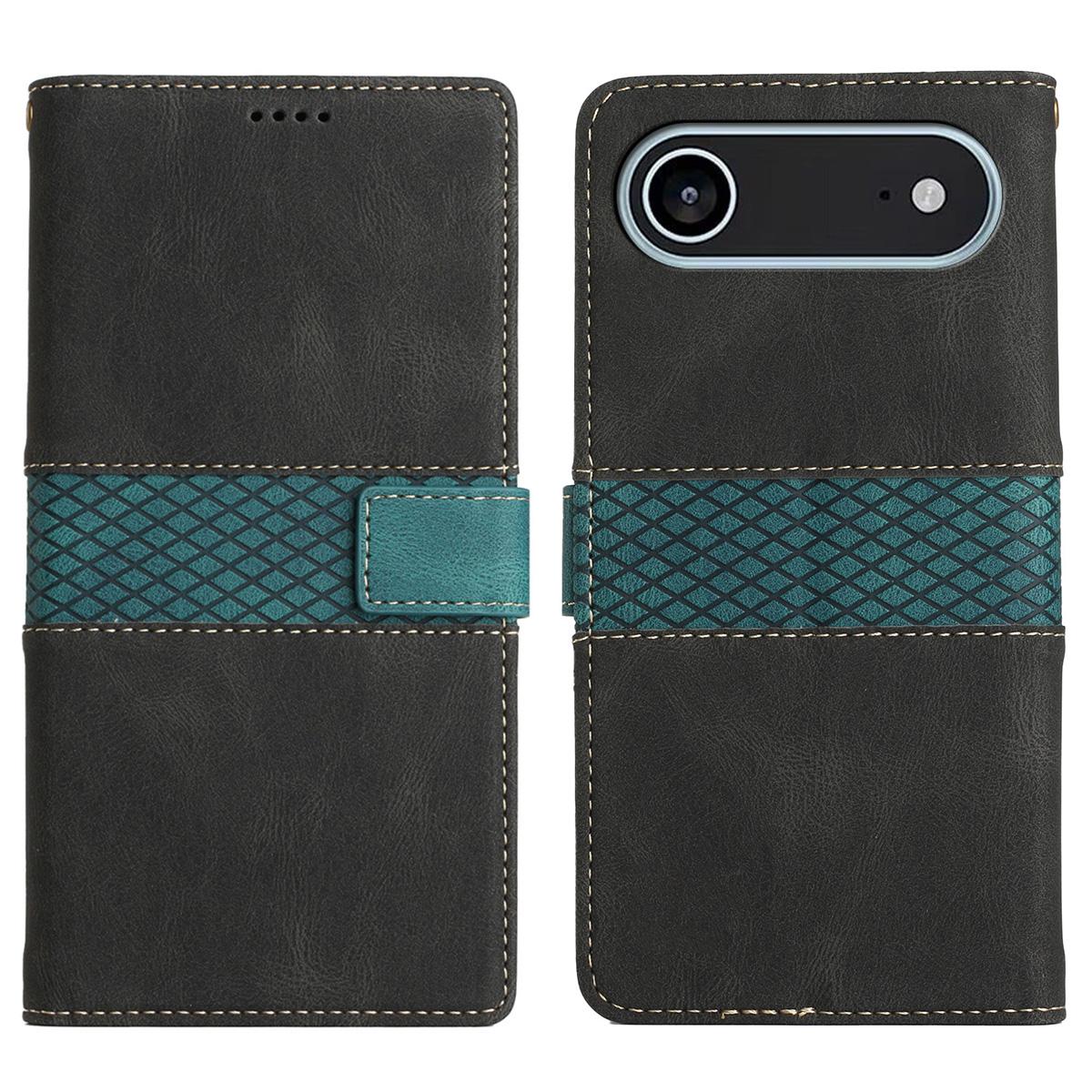 

For iPhone 17 Air Case Grid Splicing Stand Wallet Leather Phone Cover Black