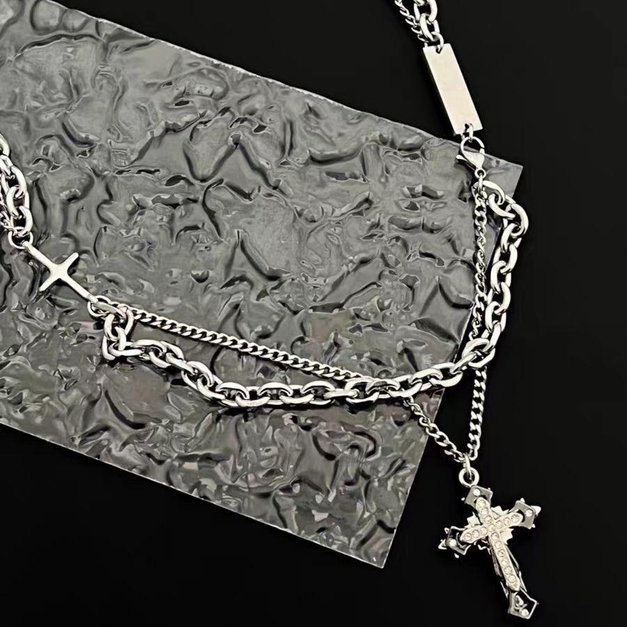 Necklace Trendy Men Stacked Cross Pendant Lettering Titanium Steel Niche Design Hip Hop Ins High Street Accessories