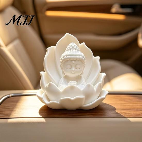Compact Buddha Statue for Car 3D Printed Mini on Lotus, Sitting Figurine, Meditation Zen Spiritual Ornament Dashboard, Desk, Entryway, Tea Room