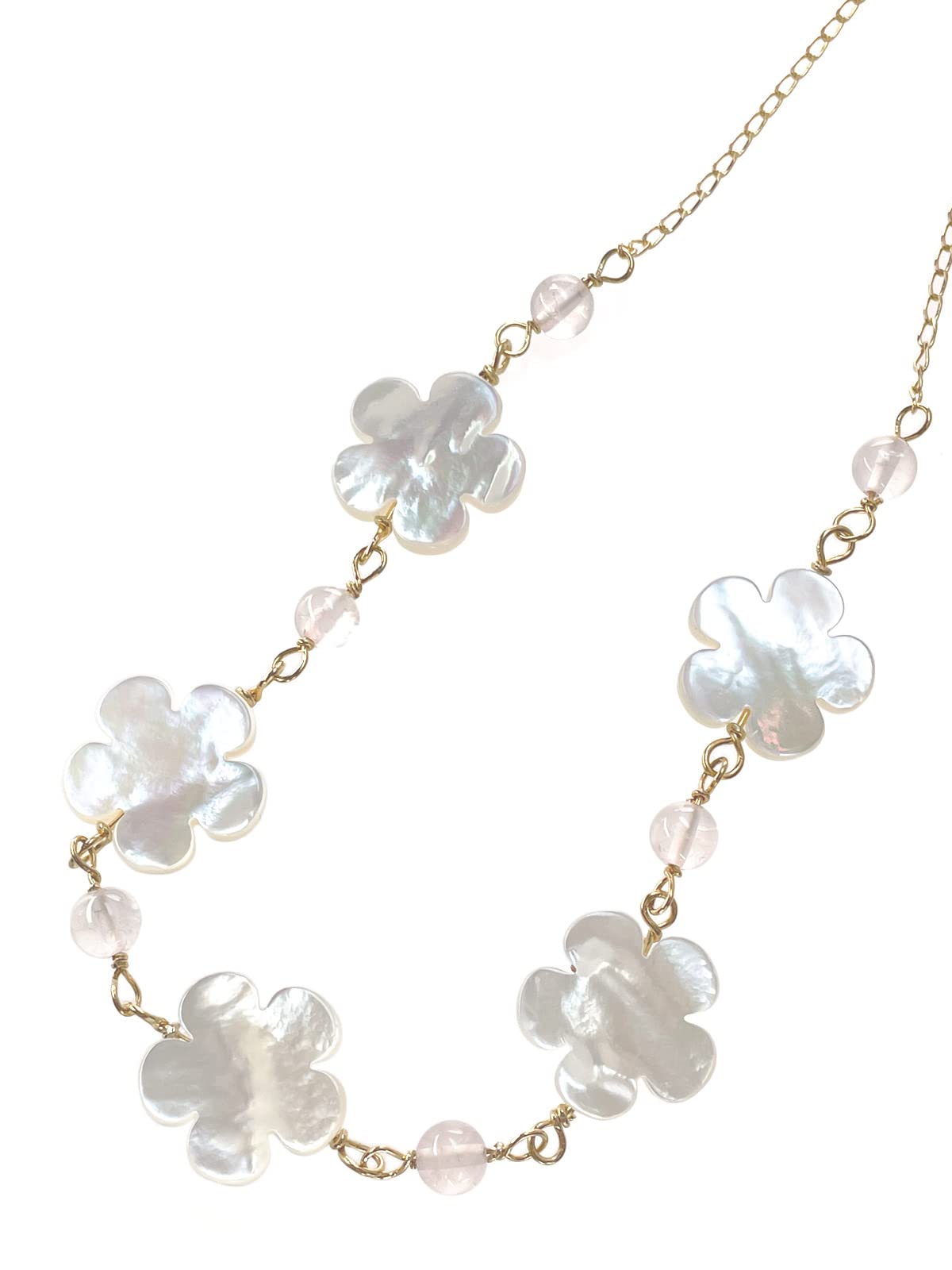 

White Shell Flower and Rose Quartz Natural Power AC296 [Cherry] Semi-Long Necklace, Stone, Stone, белый