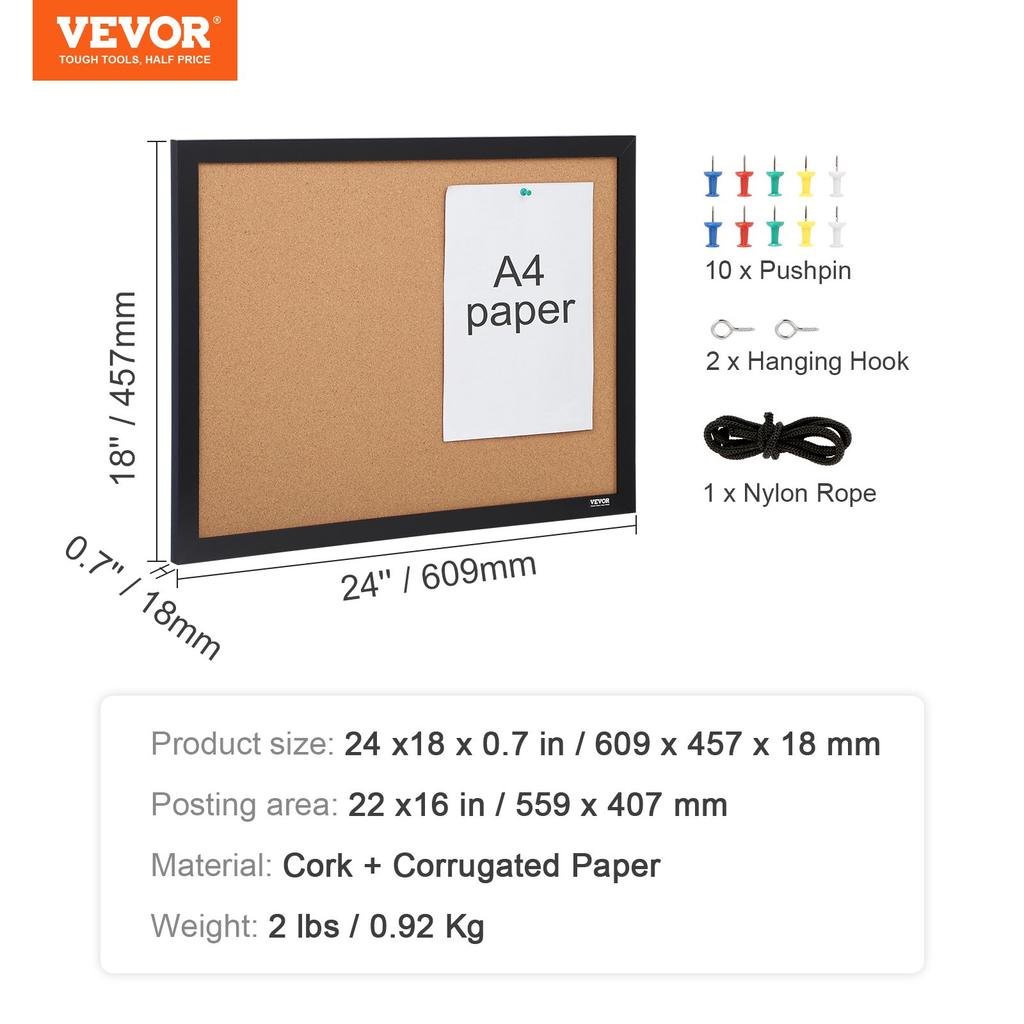VEVOR Cork Board, 24 X 18 Inches, Double-sided Bulletin Board with MDF Sticker Frame, Vision Board Includes 10 Pushpins