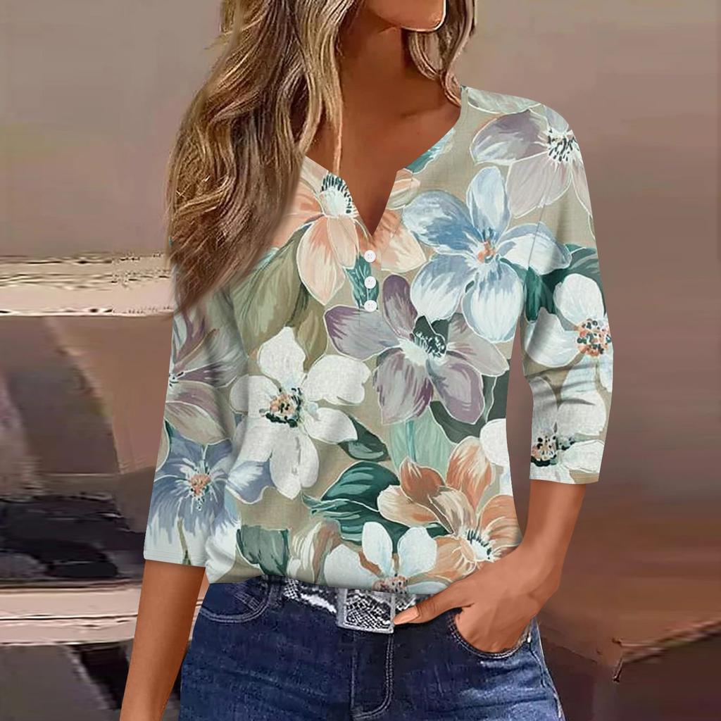 Women's Fashion Casual Floral Print V-Neck Decorative Button Three-quarter Sleeve T-Shirt Top