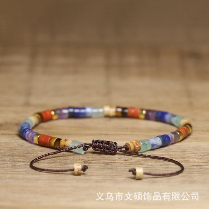 Chakra Natural Stone Heishi Bead Bracelet – Gold Accent Adjustable Boho Jewelry, Balance Energy Gift for Men & Women