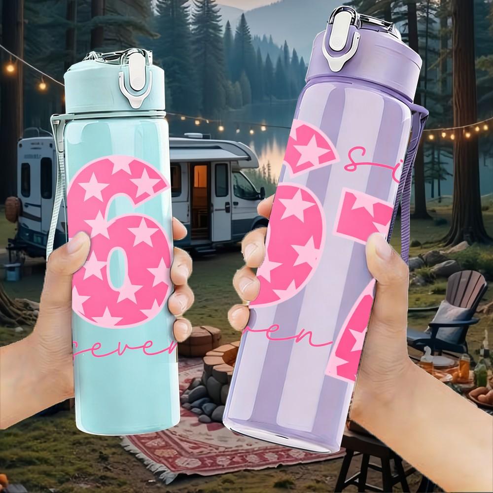 1PC Pink Number Sixty Seven Graffiti 750ml Color Plastic Sports Water Bottle Leakproof Flip Straw Lid Suitable for Sports Office Home Use