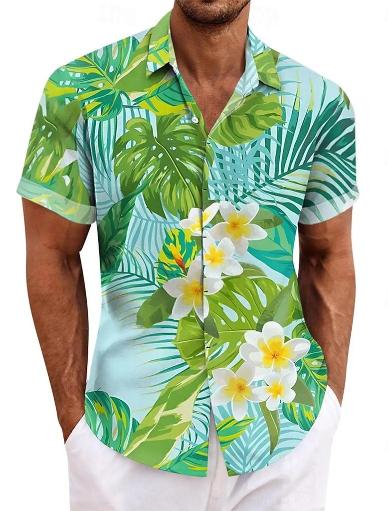 Hawaiian Tropical Leaf Print Short-sleeve Shirt, Perfect for Summer Beach Wear.