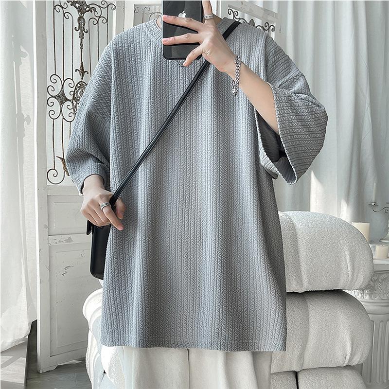 Heavyweight Men's Short-Sleeve T-shirt, Japanese Trendy Loose Fit, Casual Pure Color Three-Quarter Sleeve Tee