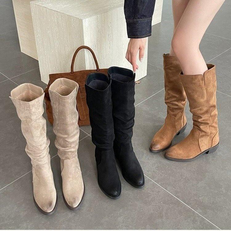 Fashion Retro Pleated Suede Long Boots for Women. 2025 Winter Fashion Chunky Stiletto Sexy Boots. Large Size Versatile Women's Boots.