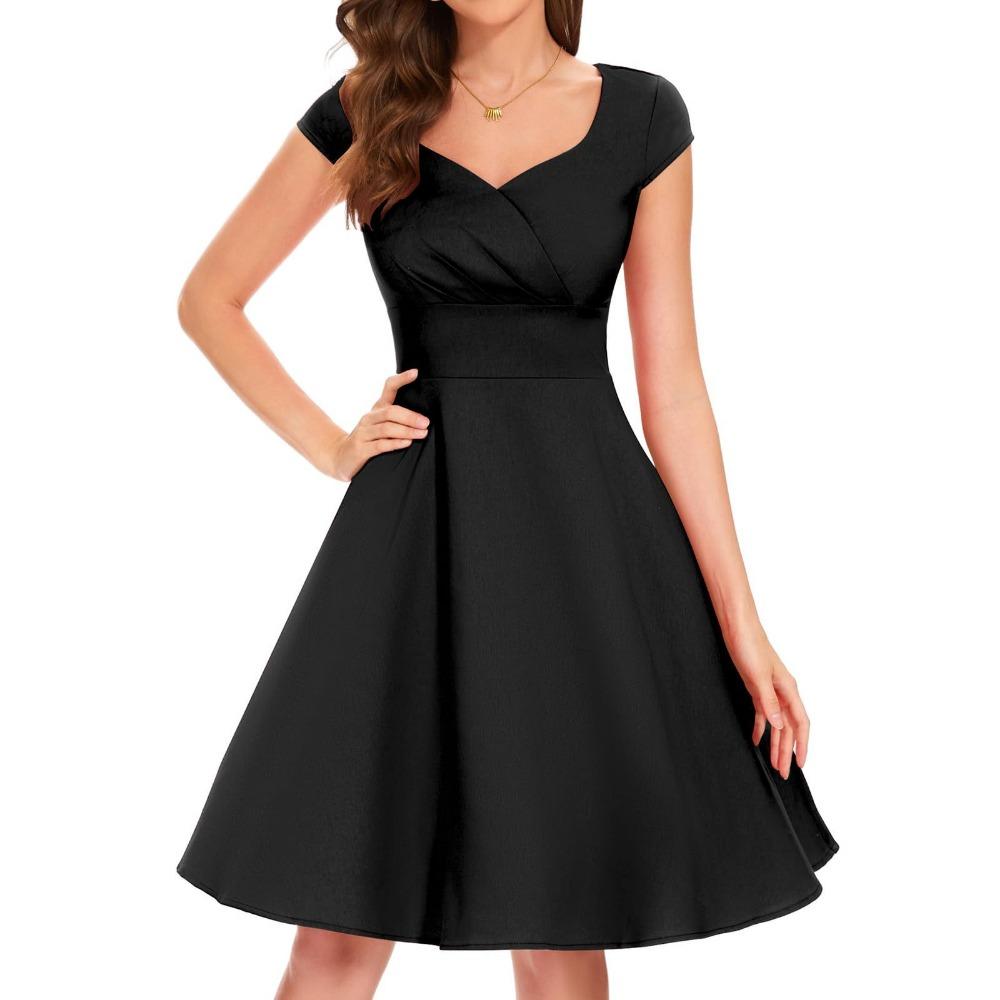 

Нове жіноче модне, легке, розкішне, елегантне, суцільне кольорове плаття з талією та талією в стилі ретро з V-подібним вирізом S чорний