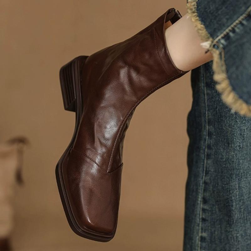 Elegant Women Ankle Boots Square Toe Heeled Shoes 2025 Trend New Chunky Fashion Boots Winter Leather Goth Woman Pumps Sexy Botas
