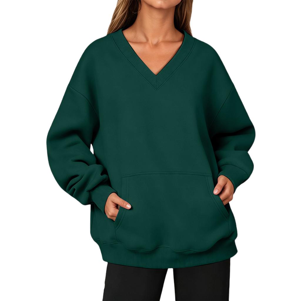Women’s V Neck Long Pullover Sweatshirt with Pocket Loose Fit Casual Long Sleeve Top for Autumn and Winter