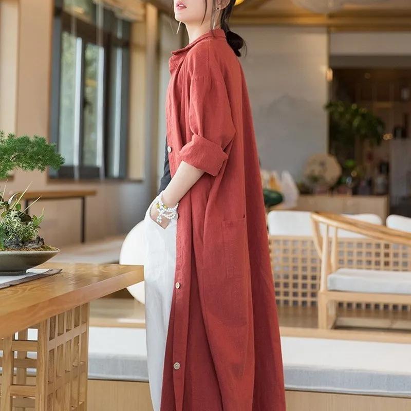 Women Vintage Linen Long Shirts Solid Color Long Sleeve Blouses Spring Summer Button Turn-down Collar Shirt