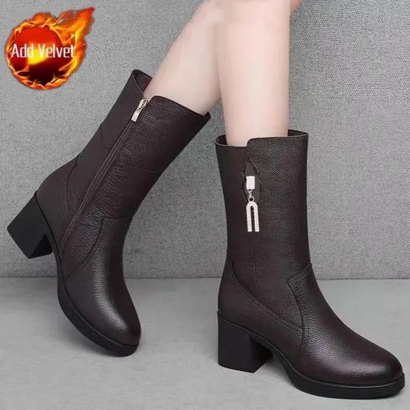 Footwear Half High Women's Boots Middle Heel Shoes for Woman Black Rhinestone Mid Calf Fashion 2025 Designer Luxury Goth Pu Boot