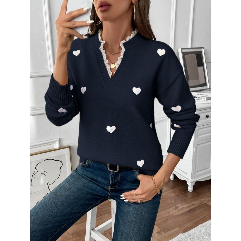 Women V Neck Heart Pattern Pullover Knit Sweater Autumn Casual