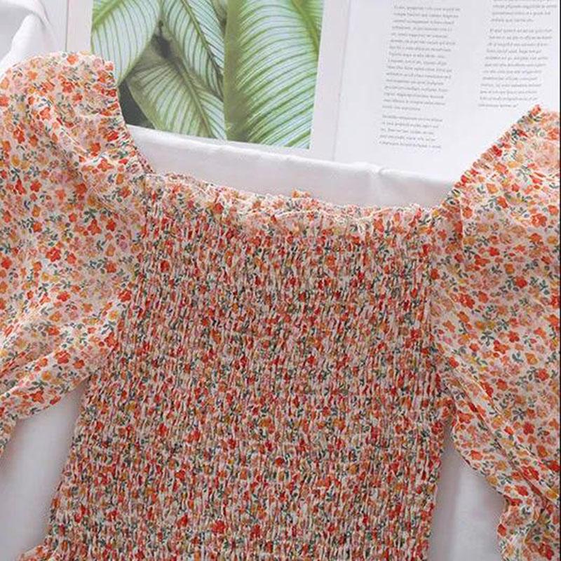 Women's Puff Sleeve Chiffon Shirt Off Shoulder Square Neck T-Shirt Slim Fit Women's Floral Top  Womens Blouses