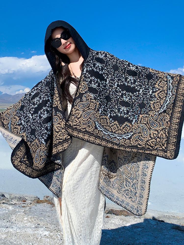 Winter Women Scarf Layers Poncho Hooded Elegant Lady Retro Boho Print Wraps Shawl Casual Scarve Capa Para Mujer Pashmina Cloak