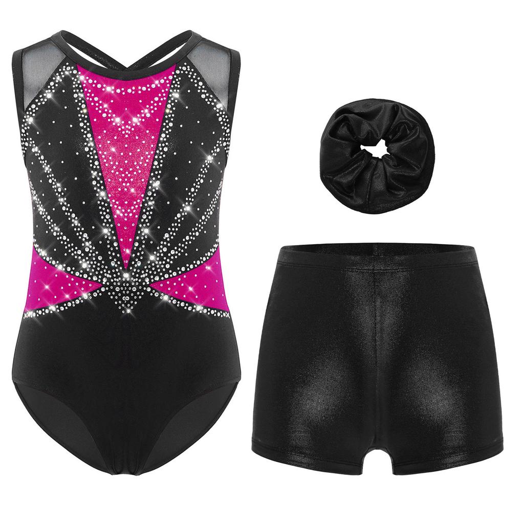Girls 3 Piece Dance Set Sleeveless Metallic Leotard Criss Cross Back Rhinestones Color Block Design with Shorts Hairband
