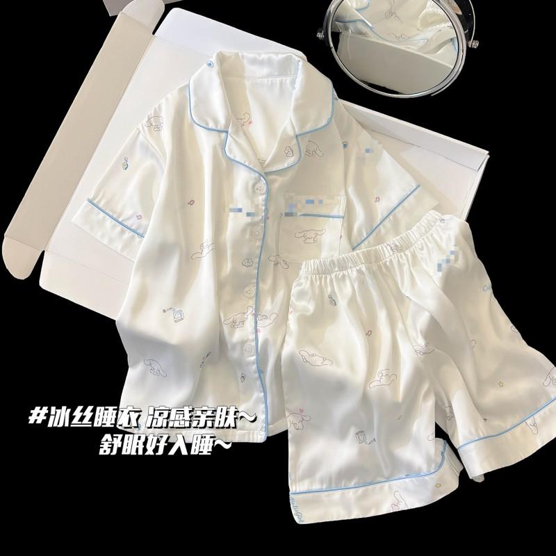 2026 Kids Ice Silk Pajamas Set Girls Cartoon Short Sleeve Shorts Sleepwear Lightweight Breathable Home Wear