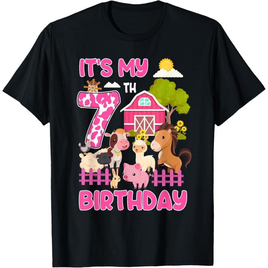 It’s My 7th Birthday Farm Animals 7 Year Old Girl Party T-Shirt S