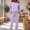 Women's Round Neck Long Sleeve Pajama Set with Drawstring Wide Leg Pants for Sleepwear Loungewear
