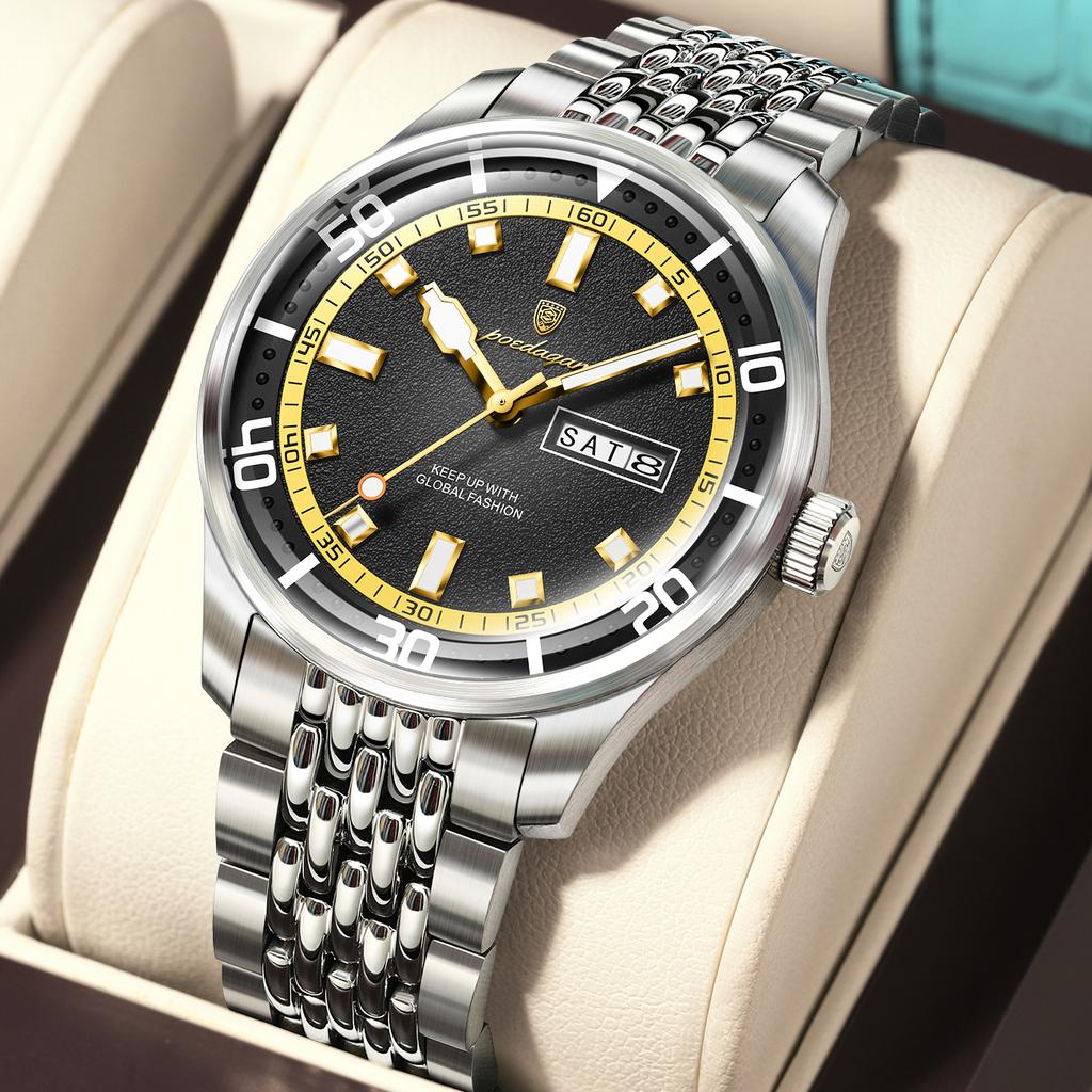 POEDAGAR Luxury Military Man Watch Casual Waterproof Luminous Date Week Men Watch Stainless Steel Quartz Men's Watches Reloj+Box