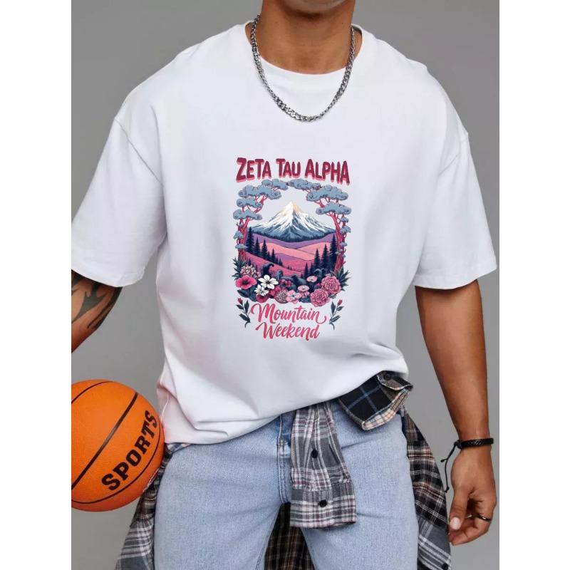 White T-Shirt Zeta Tau Alpha Mountain Weekend Floral and Mountain Scene Design for Outdoor Events and Casual Wear