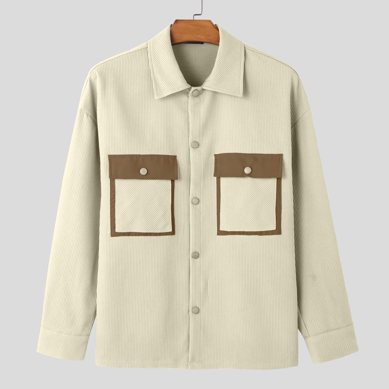 INCERUN Oversized Spring Men Long Sleeve Lapel Patchwork Buttons Up Texture Shirts