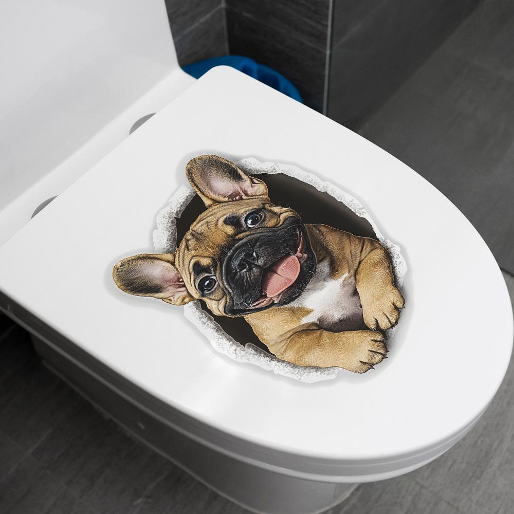 Cute French Bulldog 3D Illusion Toilet Wall Sticker Self-Adhesive Removable Bathroom Funny Home Decor Art