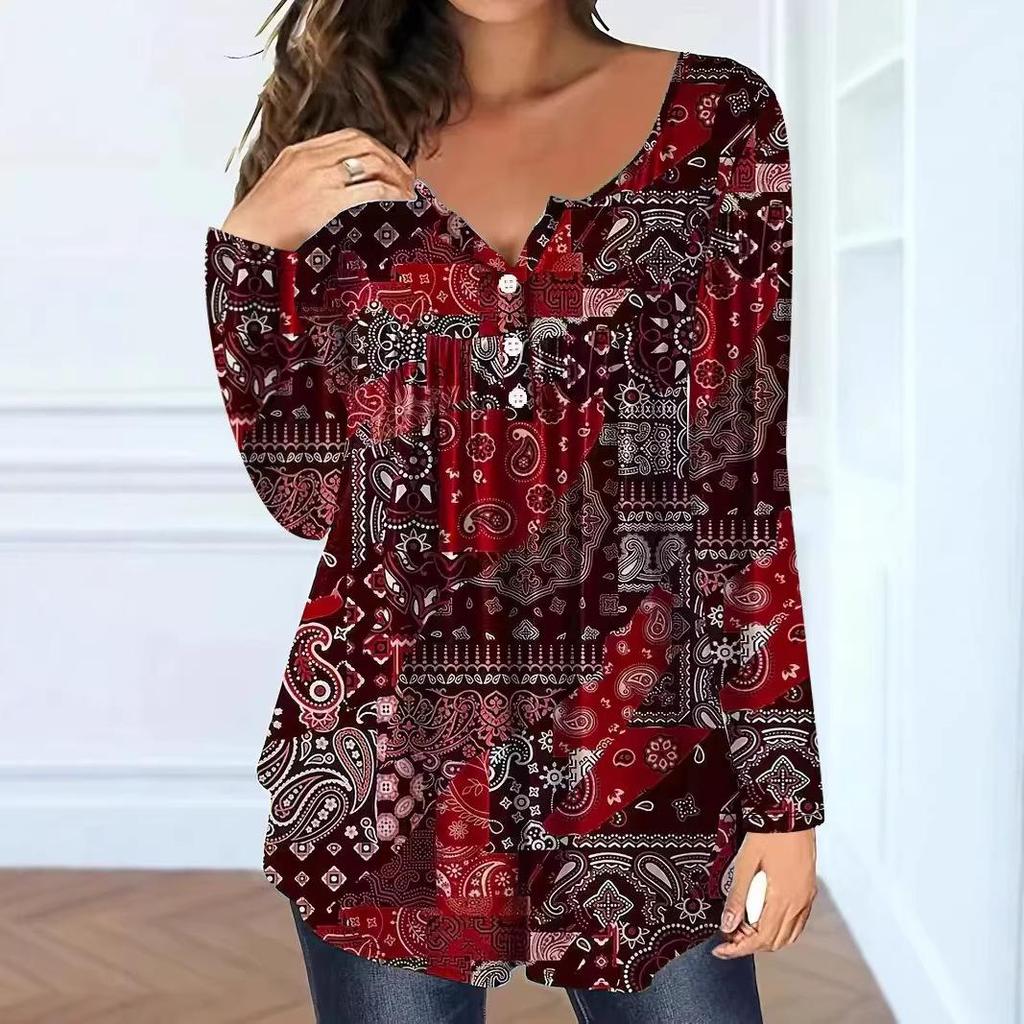 Elegant Plus Size Paisley V-Neck Button Top for Women