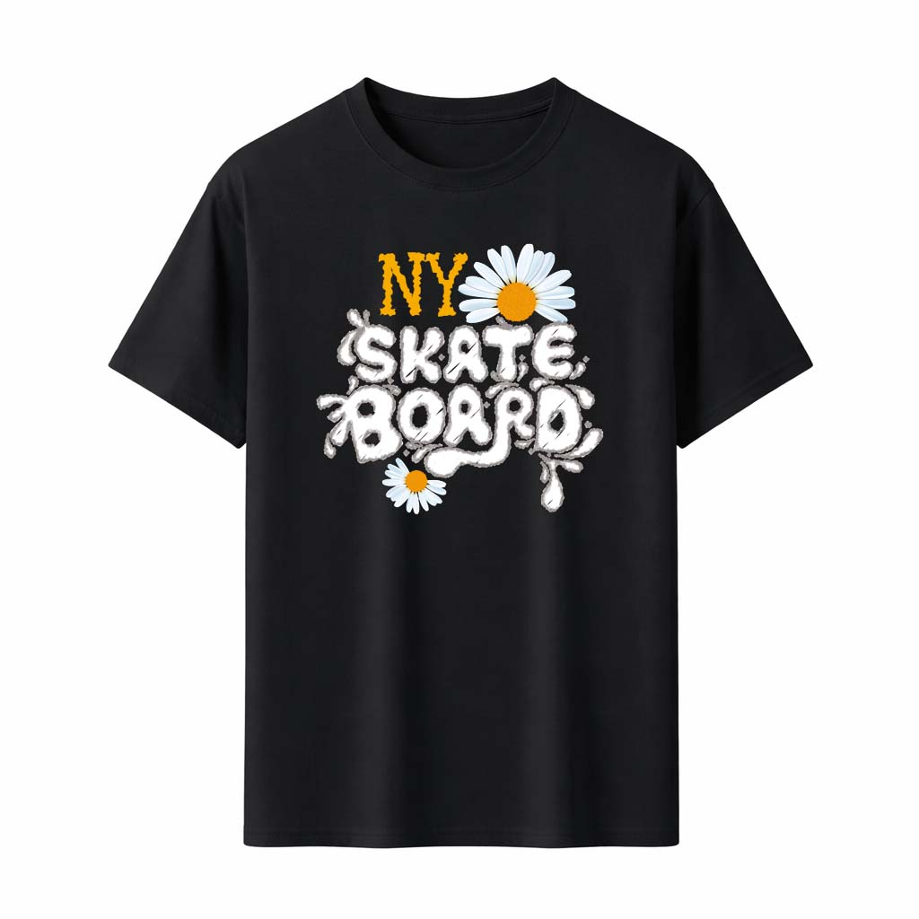 

NY Skateboard T-Shirt Daisy Flower Graphic Tee Streetwear Print Unisex Top Black White Yellow Men Women Clothes - Men s Summe... S разноцветный