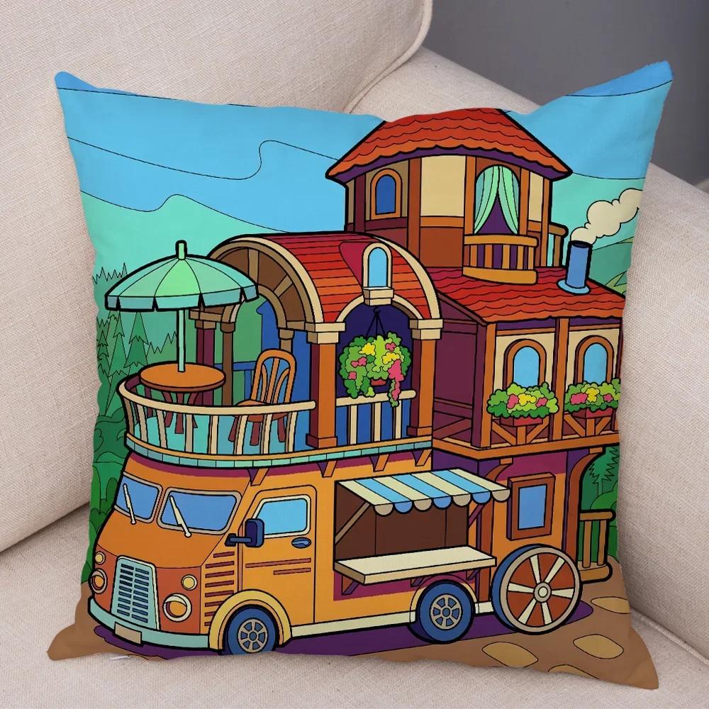 Pillowcase Happy Camper Cartoon House Travel Car Cushion Cover Sofa Home Super Soft