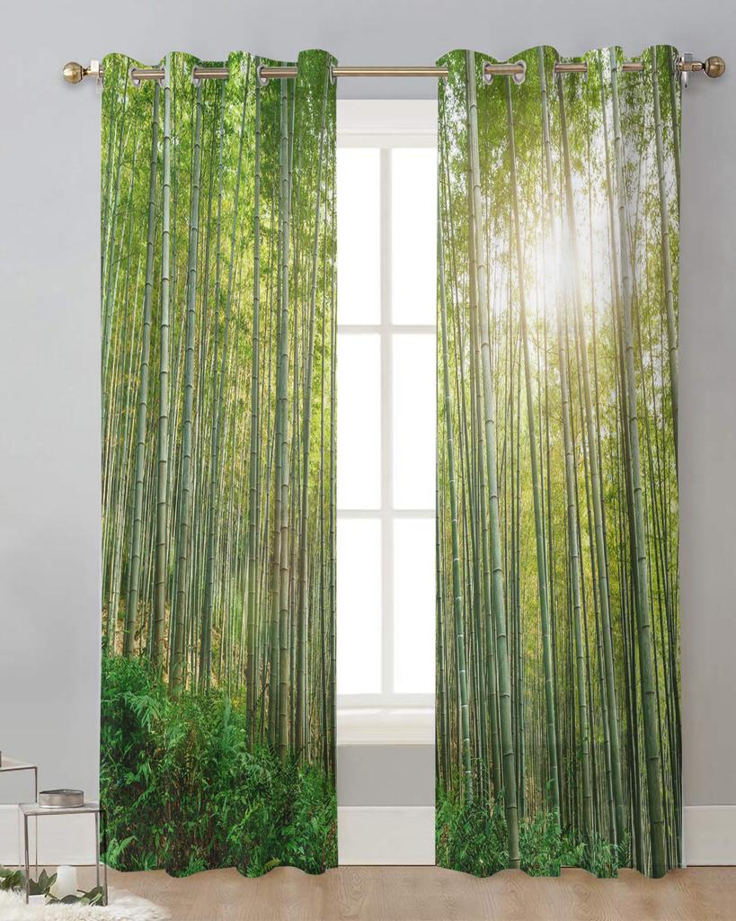 Green Bamboo Forest Sunlight Sheer Curtains for Living Room Decoration Window Curtains for Kitchen Tulle Voile Organza Curtains