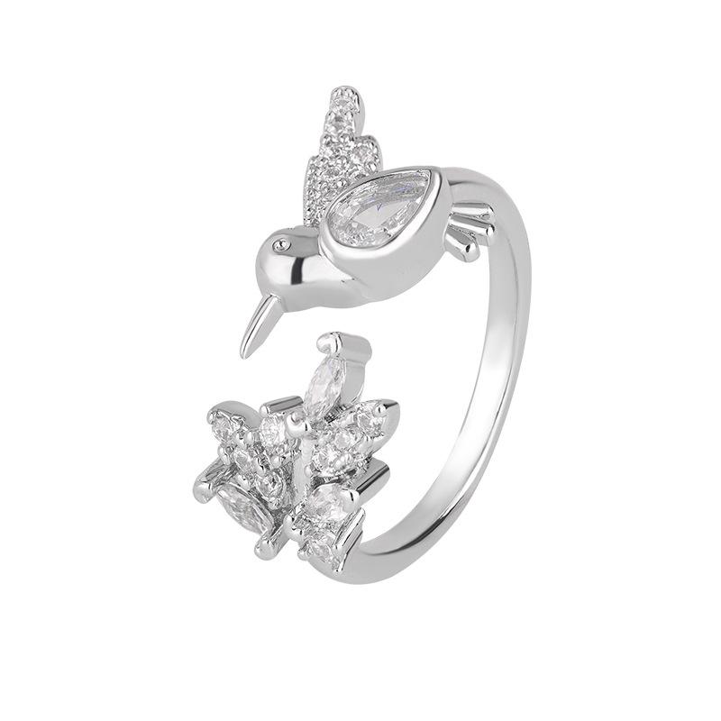 

Fashion Temperament Leaves Birds Diamonds925 Sterling Silver Jewelry Personalized Animals Opening Rings R120 срібний