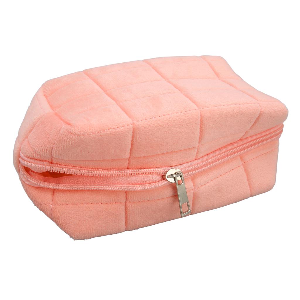 Women Makeup Storage Bag Large Capacity Soft Plush Zipper Closure Checkered Cosmetic Bag