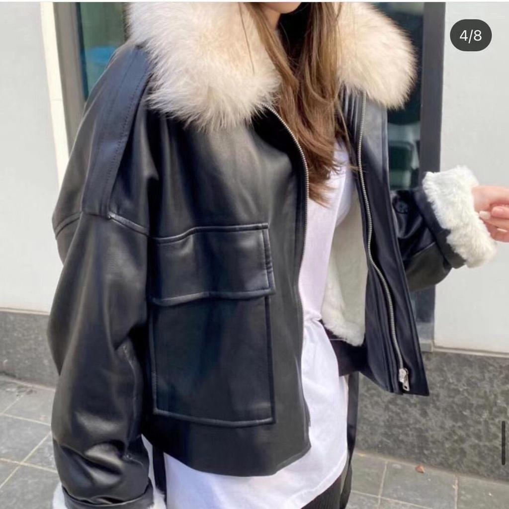 Leather Jacket Imitation Fur Jacket Women's Autumn and Winter New Big Fur Collar Loose Fleece Thickened Small Short Cotton Clothes