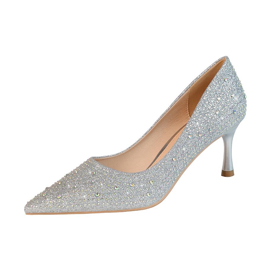 Fashion Point-toe Women's Sandals Nightclub Show Thin Stiletto Women's Single Shoes Rhinestone Sequin High-heeled Shoes