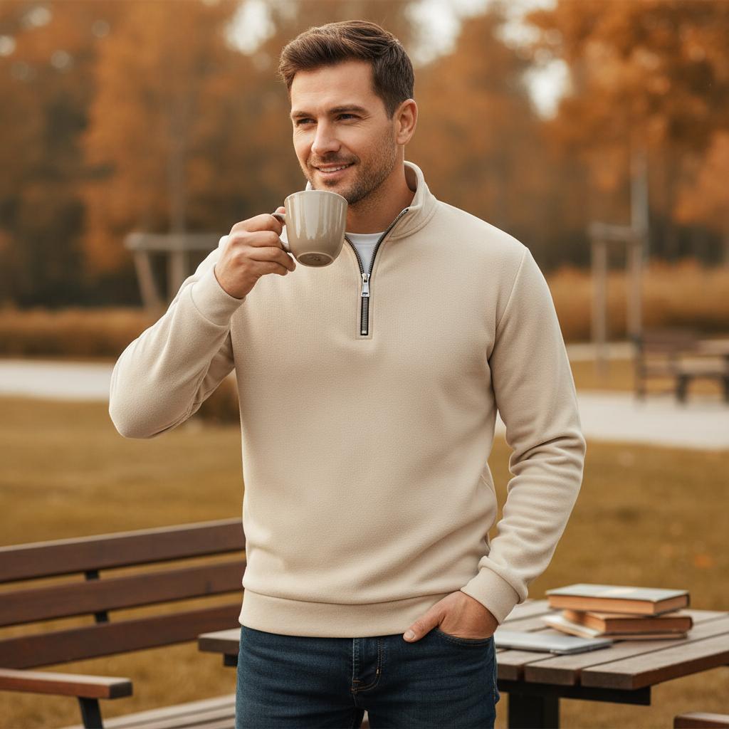 Men's Quarter Zip Pullover Sweater - Solid Color Long Sleeve Casual Top Slim Fit Half Zip Sweatshirt for Autumn & Winter Outwear