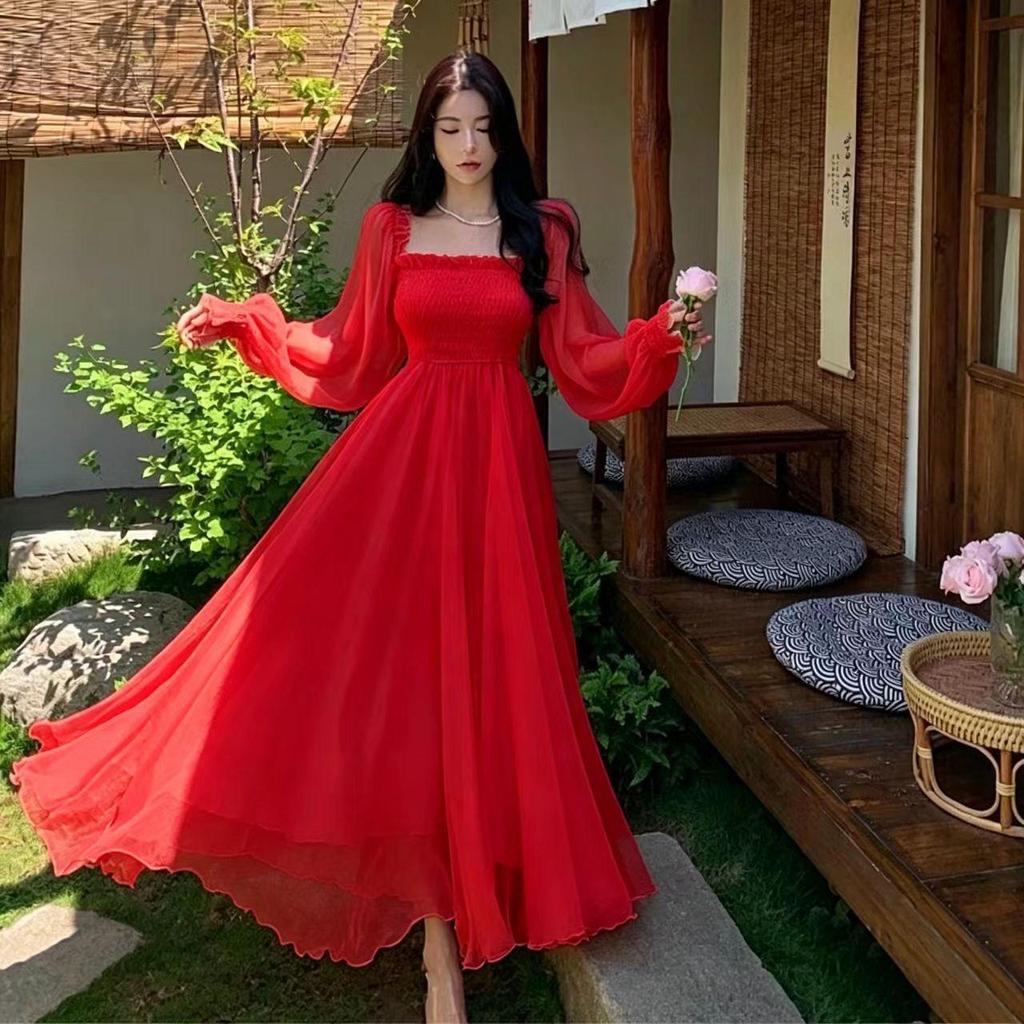 2026 Sanya Beach Resort Dress, White Chiffon, Large Hem, Extra Long, High-End Feel