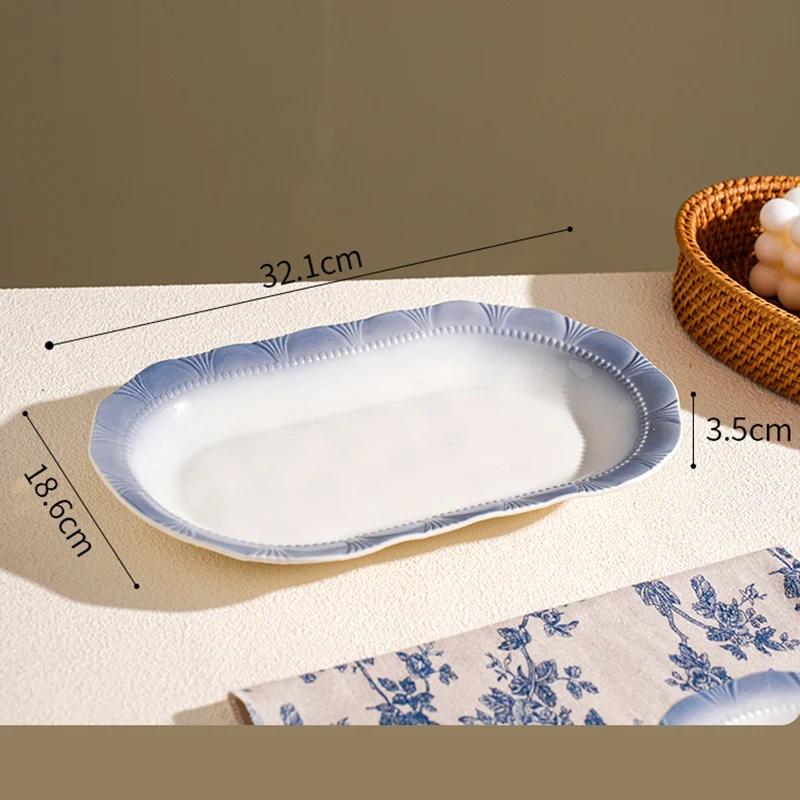 Relief-Speiseteller im französischen Stil Köstliche Gerichte Tiefer Suppenteller Exquisite Früchte Salat Keramikteller Blauer Rand Heim Geschirr