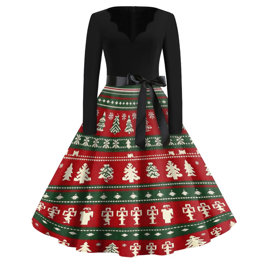 Women's Casual Christmas Print V-Neck Vintage Dress for Holiday Party and Daily Wear
