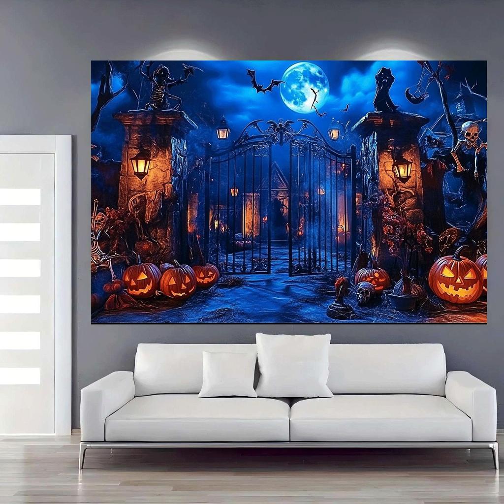 One two-dimensional flat-printed background cloth for the Halloween haunted door theme, featuring a terrifying cemetery scene.