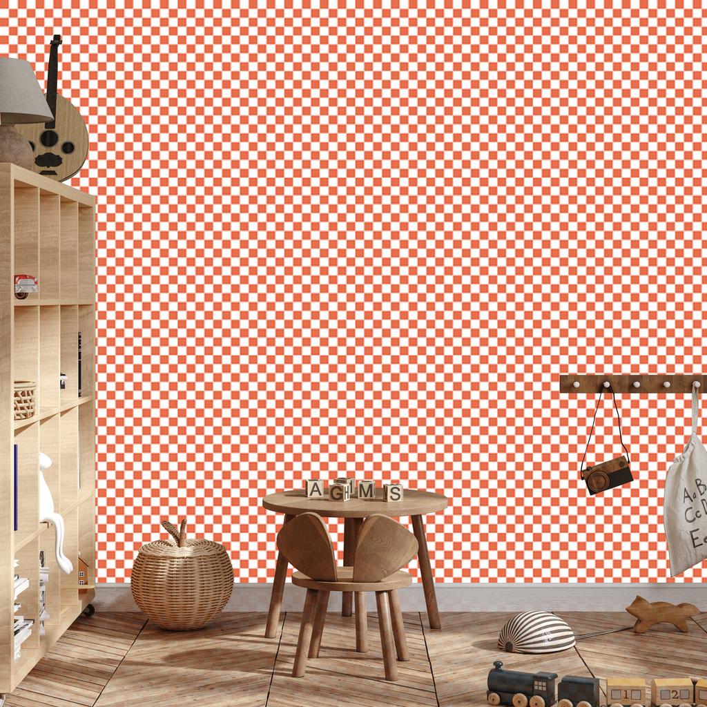 Checkerboard Wallpaper Peach, White and Coral 50x1000