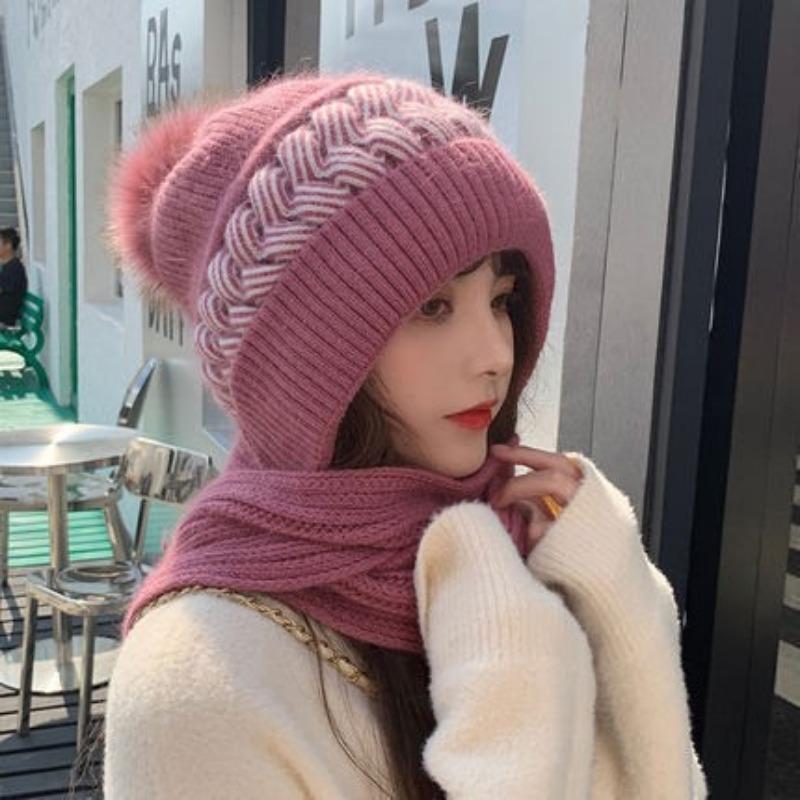 Autumn and Winter Squirrel Velvet Warm Women's Wool Hat Versatile Snow Hat Cold Winter Hat Scarf Integrated Knitted Hat