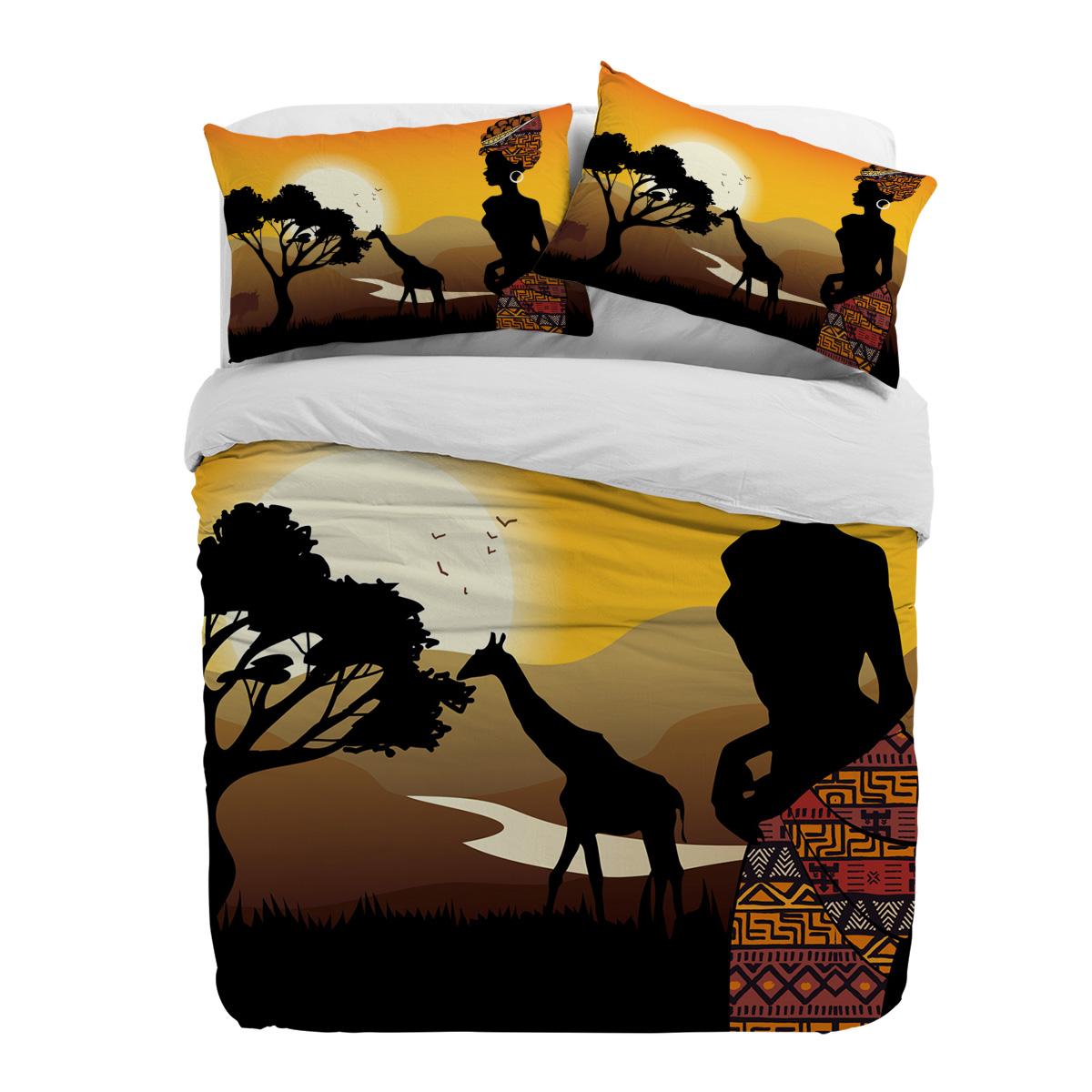 

African Woman Giraffe Silhouettes Duvet Cover With Pillow Case Custom 3pcs Bedding Set Quilt Cover Double Bed Home Textile EU single(135x200cm)